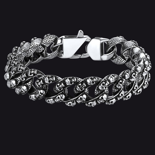 Klobiges, schweres Armband mit kubanischer Gliederkette und Totenkopf, 16 mm breit