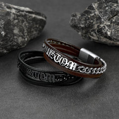 Pulseira de couro trançado com nomes personalizados e pai