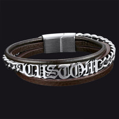 Pulseira de couro trançado com nomes personalizados e pai