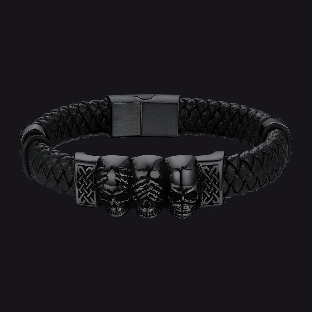 Gothic 3 Totenkopf geflochtenes Lederarmband Geschenk Vater Sohn Enkel