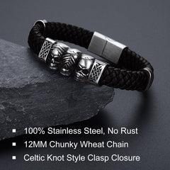 Gothic 3 Totenkopf geflochtenes Lederarmband Geschenk Vater Sohn Enkel