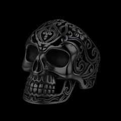 Anel de sinete gótico de ônix preto com caveira masculina
