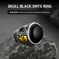 Anel de sinete gótico de ônix preto com caveira masculina