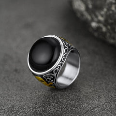 Anel de sinete gótico de ônix preto com caveira masculina
