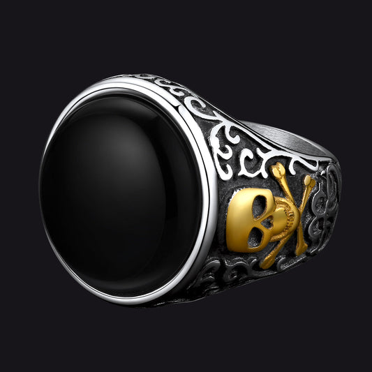 Anel de sinete gótico de ônix preto com caveira masculina