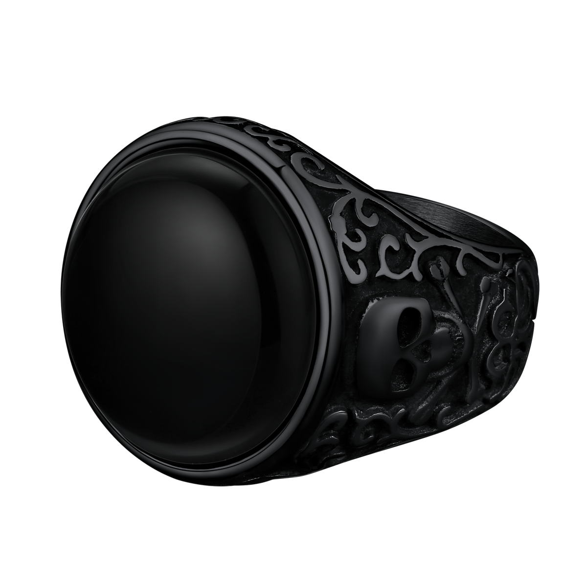 Anel de sinete gótico de ônix preto com caveira masculina