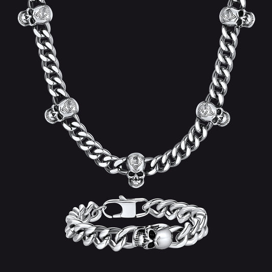 Gothic Skull Cuban Link Choker Chain & Bracelet Jewelry Set for Men