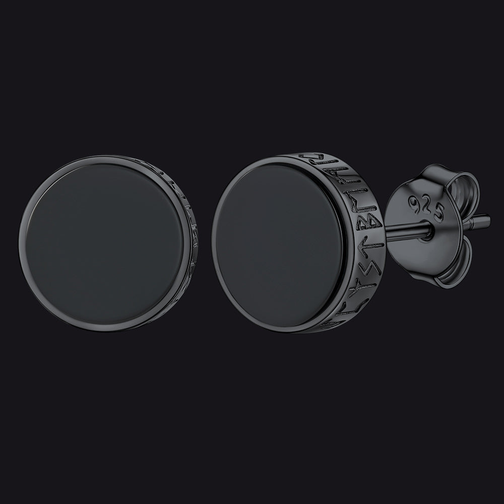 Brincos de pino Viking Rune de prata esterlina com runas Viking Rune de ônix preto para homens