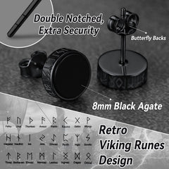 Brincos de pino Viking Rune de prata esterlina com runas Viking Rune de ônix preto para homens