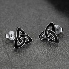 Sterling Silver Black Triquetra Celtic Knot Stud Earrings for Women