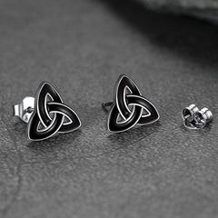 Sterling Silver Black Triquetra Celtic Knot Stud Earrings for Women