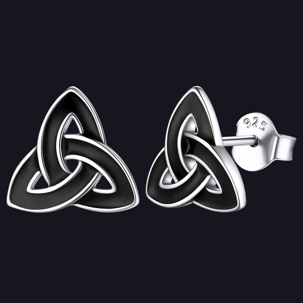 Sterling Silver Black Triquetra Celtic Knot Stud Earrings for Women