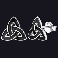 Sterling Silver Black Triquetra Celtic Knot Stud Earrings for Women