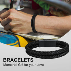 Engraved Custom Double Black Braided Leather Cuff Son Bracelet