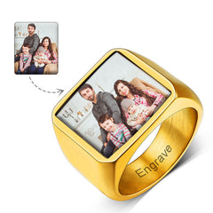Anel de sinete com imagem quadrada personalizada para homens e mulheres