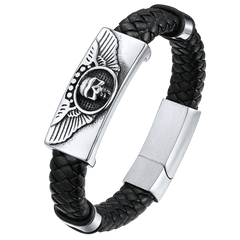 Schwarzes geflochtenes Lederarmband mit Totenkopfflügel