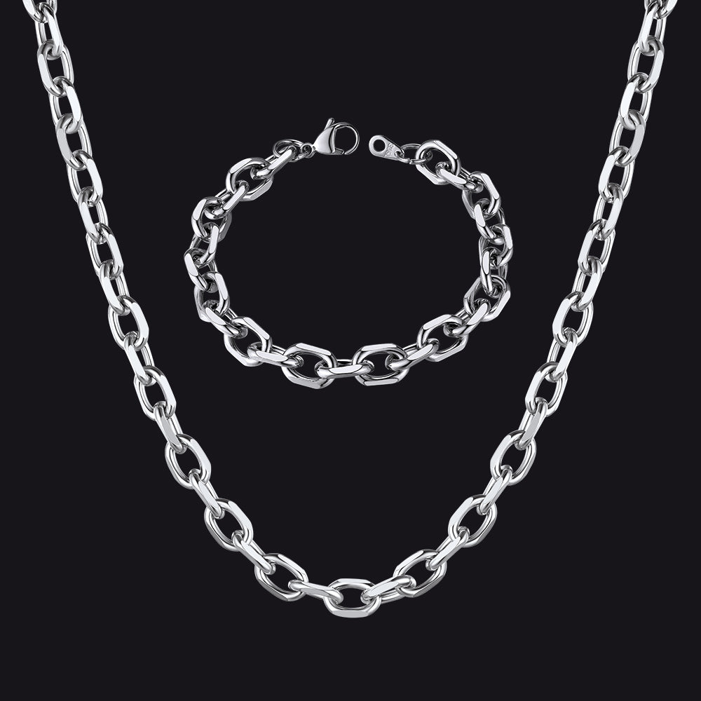 Conjunto de colar e pulseira com corrente de elos rolo de 9 mm