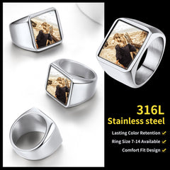 Anel de sinete com imagem quadrada personalizada para homens e mulheres
