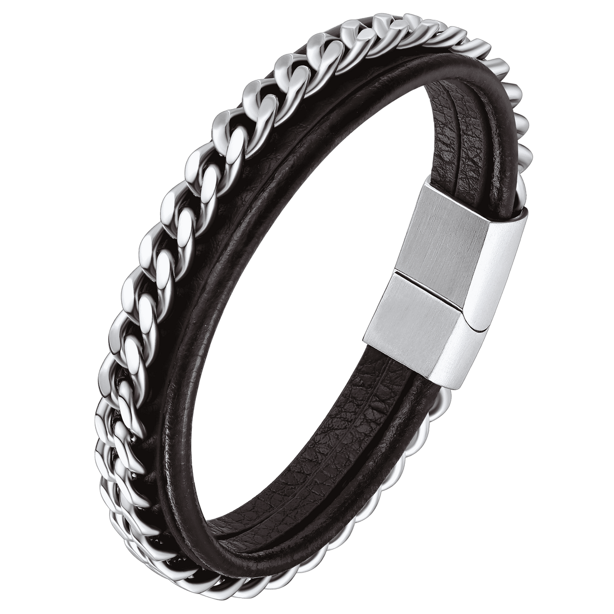 Pulseira de couro trançado preto personalizada com corrente Son