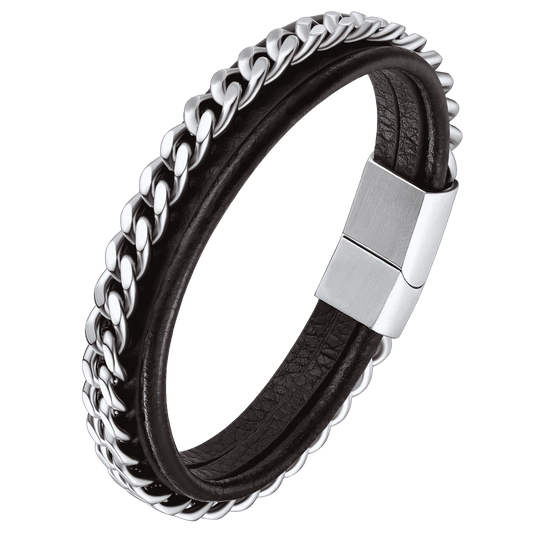 Personalisiertes schwarzes geflochtenes Lederarmband mit Manschettenkette für Sohn