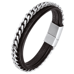 Pulseira de couro trançado preto personalizada com corrente Son