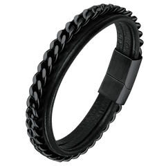 Pulseira de couro trançado preto personalizada com corrente Son