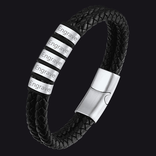 Pulseira de couro trançado com nome personalizado e contas personalizadas