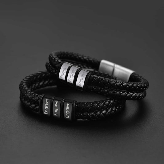 Pulseira de couro trançado com nome personalizado e contas personalizadas