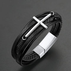 Mehrlagiges geflochtenes Lederarmband mit christlichem Kreuz