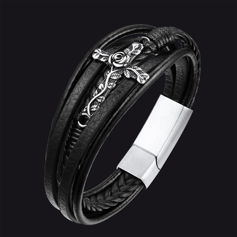 Pulseira de couro trançado com cruz de rosa negra cristã