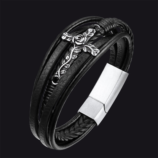 Pulseira de couro trançado com cruz de rosa negra cristã