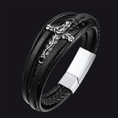 Pulseira de couro trançado com cruz de rosa negra cristã