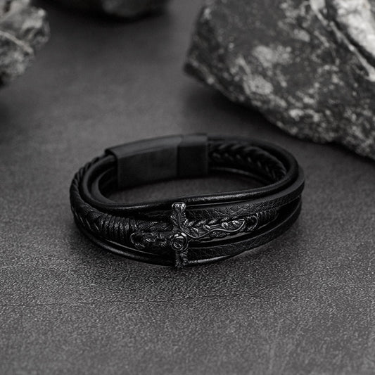 Pulseira de couro trançado com cruz de rosa negra cristã