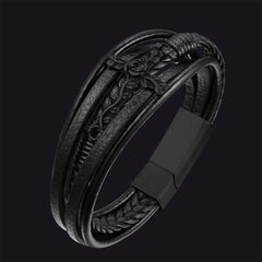 Pulseira de couro trançado com cruz de rosa negra cristã