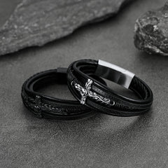 Pulseira de couro trançado com cruz de rosa negra cristã