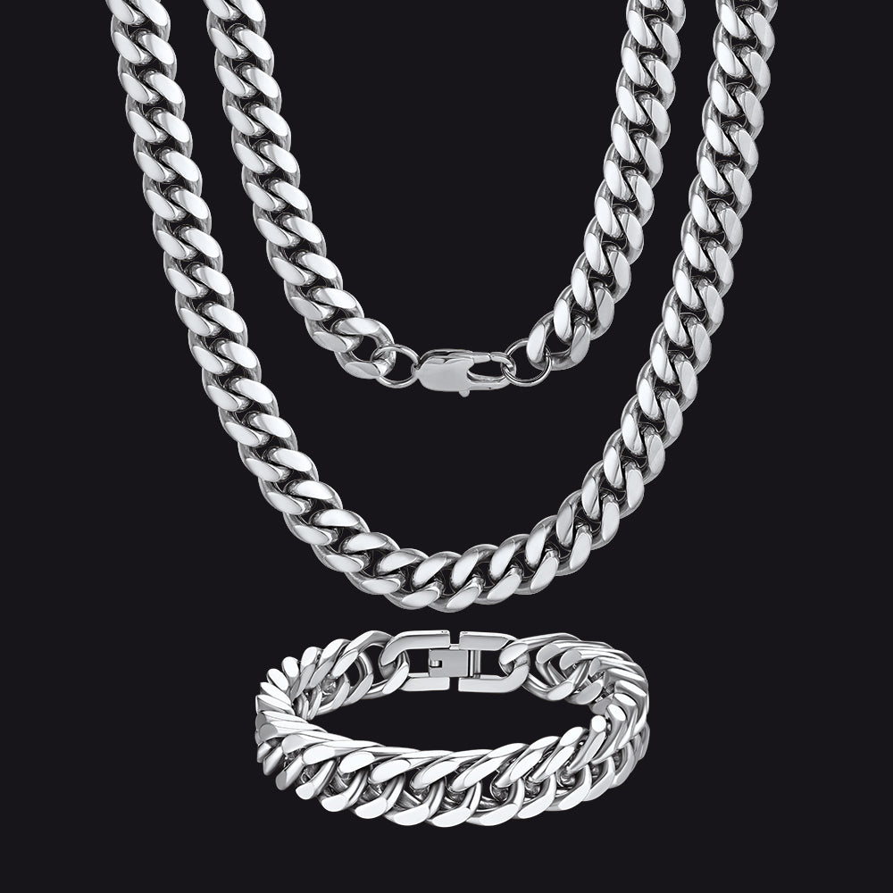 Klobiges, schweres Miami Cuban Link-Ketten- und Armband-Set für Herren
