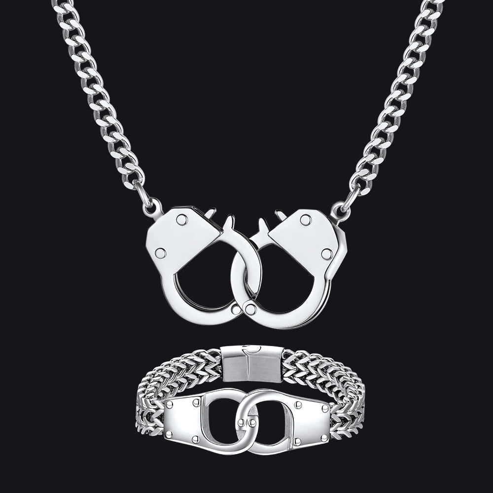 Conjunto de joias com colar e pulseira de algemas gótico punk