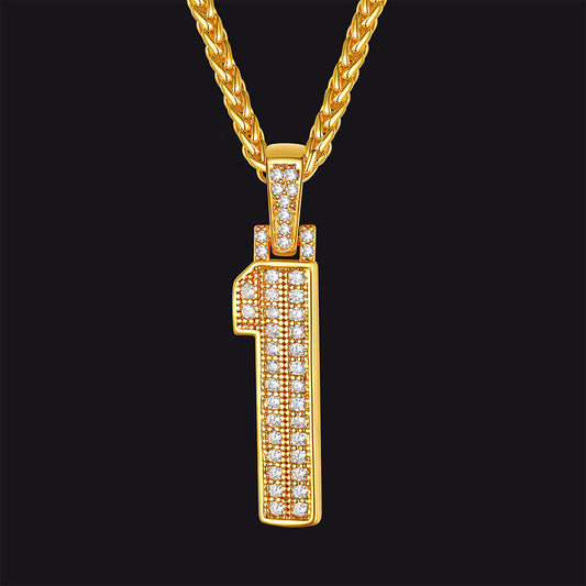 Gold Number Initial Chain Necklace with Cubic Zirconia for Men Women