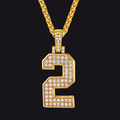 Gold Number Initial Chain Necklace with Cubic Zirconia for Men Women