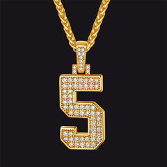 Gold Number Initial Chain Necklace with Cubic Zirconia for Men Women