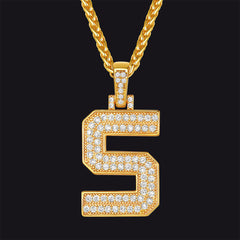 Gold Number Initial Chain Necklace with Cubic Zirconia for Men Women
