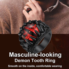 Anel masculino com dentes de dragão gótico e olhos vermelhos malignos