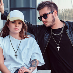 Conjunto de colar com pingente de cruz e corrente cubana feminino