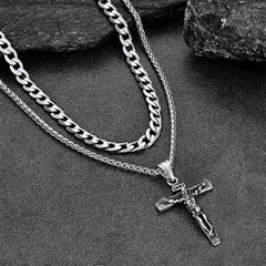 Halsketten-Set mit Jesus-Kruzifix und kubanischer Kette, mehrlagig, für Männer und Frauen