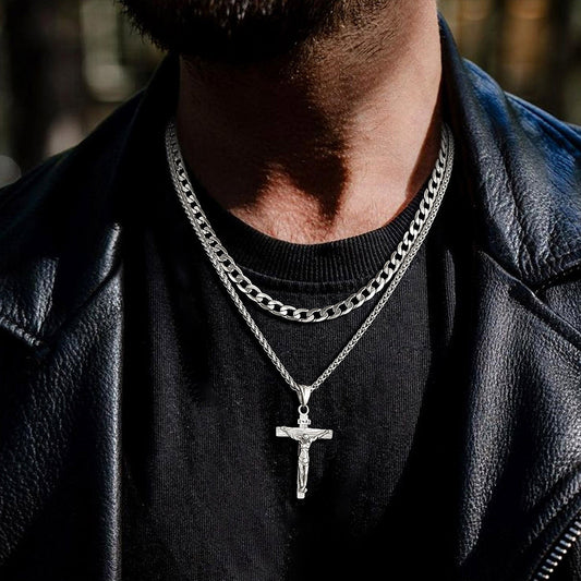 Halsketten-Set mit Jesus-Kruzifix und kubanischer Kette, mehrlagig, für Männer und Frauen