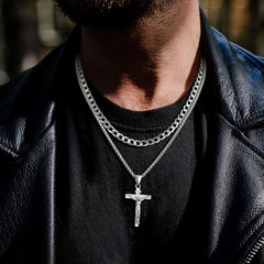 Halsketten-Set mit Jesus-Kruzifix und kubanischer Kette, mehrlagig, für Männer und Frauen