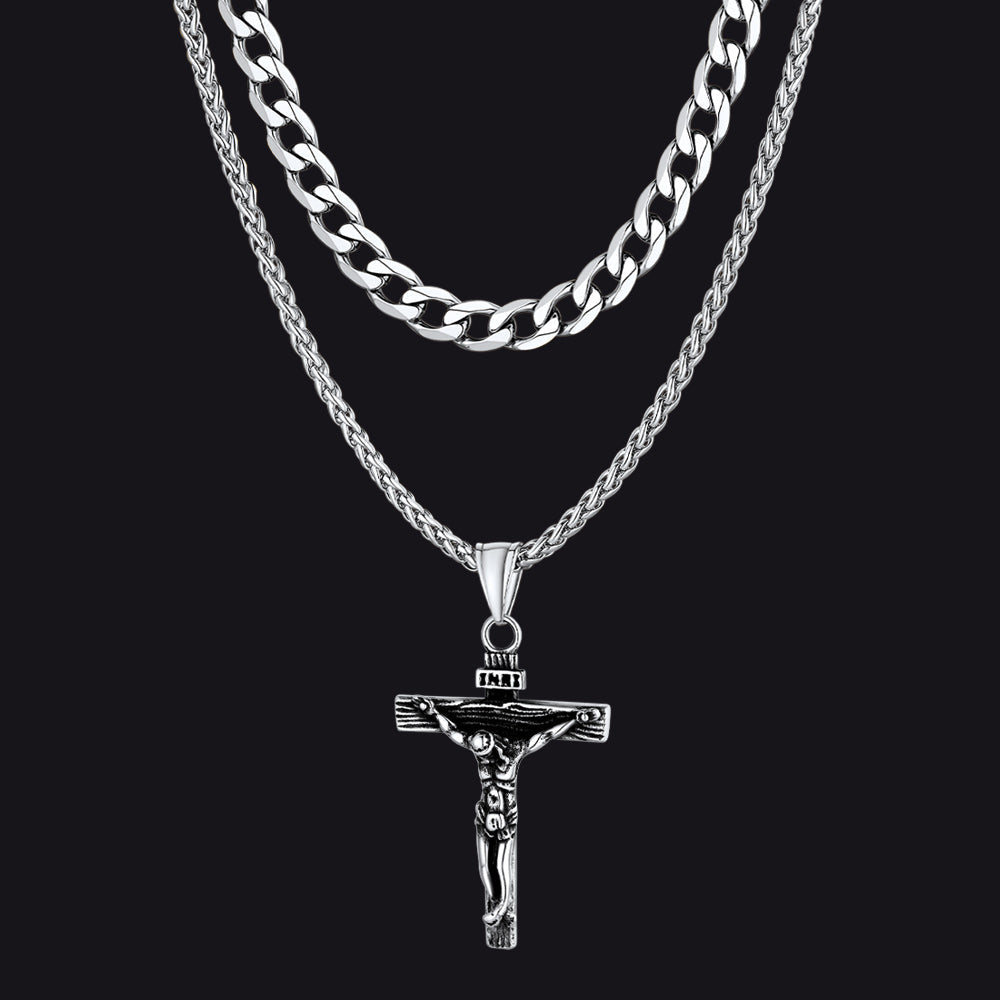 Halsketten-Set mit Jesus-Kruzifix und kubanischer Kette, mehrlagig, für Männer und Frauen