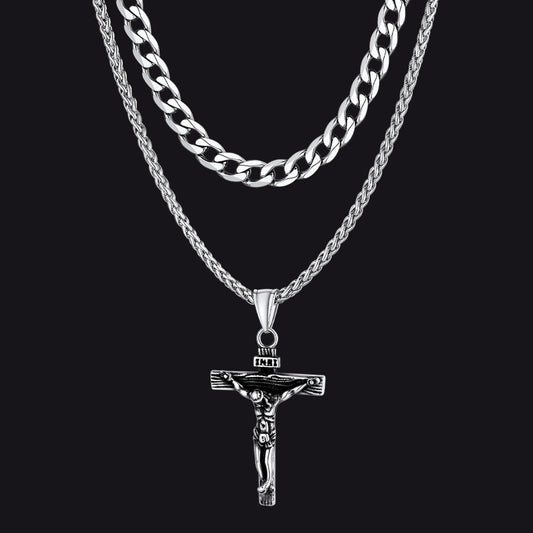 Halsketten-Set mit Jesus-Kruzifix und kubanischer Kette, mehrlagig, für Männer und Frauen