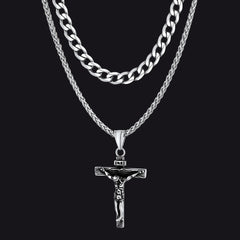 Halsketten-Set mit Jesus-Kruzifix und kubanischer Kette, mehrlagig, für Männer und Frauen