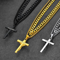 Halsketten-Set mit Jesus-Kruzifix und kubanischer Kette, mehrlagig, für Männer und Frauen